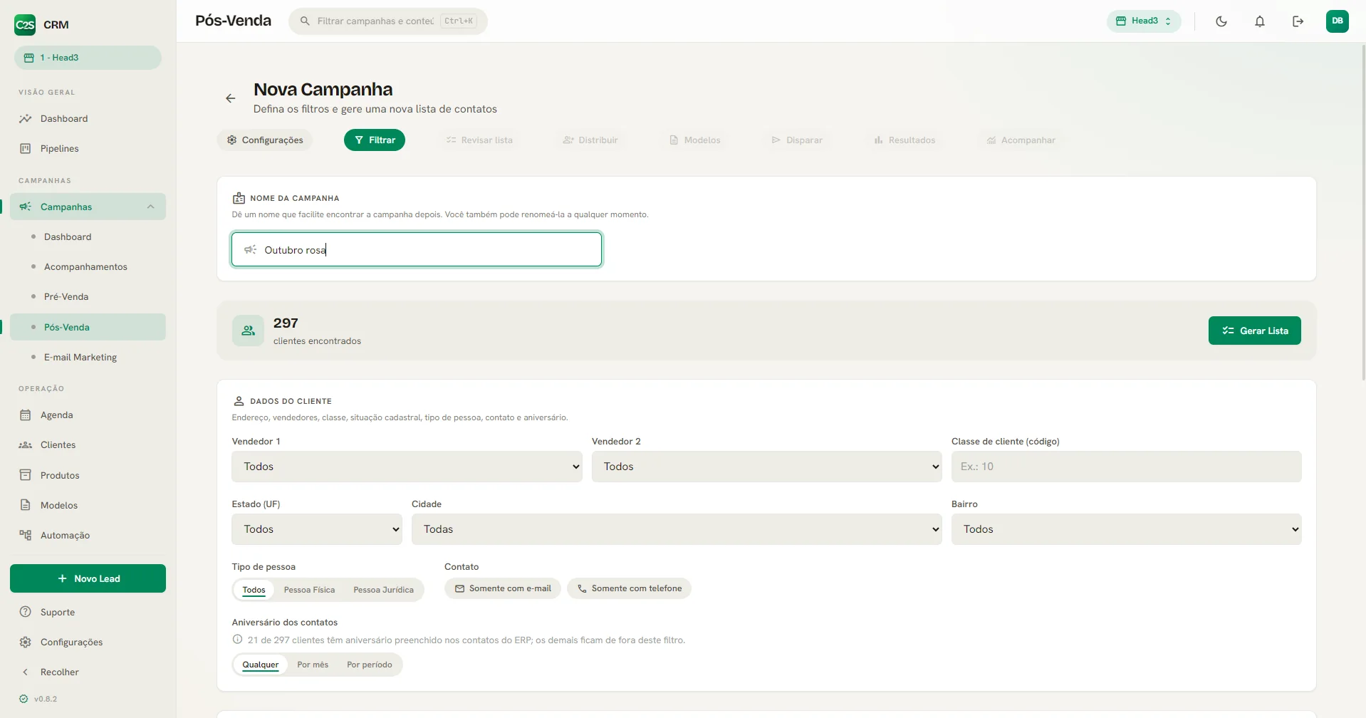 Nova campanha de pós-venda com filtros de clientes e contagem de público