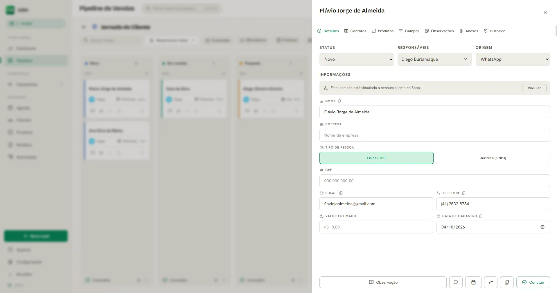 Detalhe do lead com o botão Vincular ao cliente do Shop