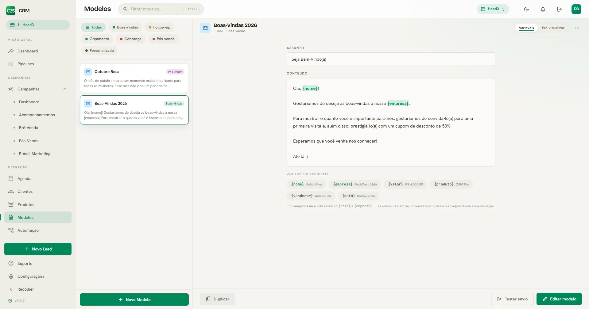 Modelos de mensagem de e-mail com variáveis