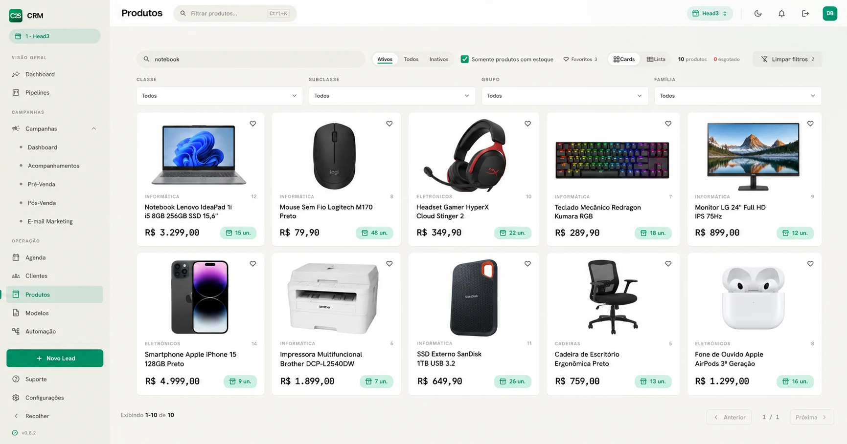 Catálogo de produtos com foto, preço e estoque vindos do Shop 9